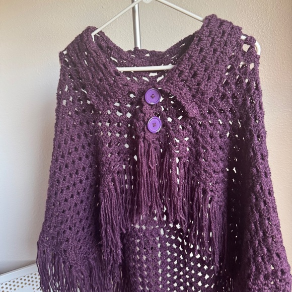 Handmade Crochet Purple Poncho with Tassels Buttons - Picture 2 of 7